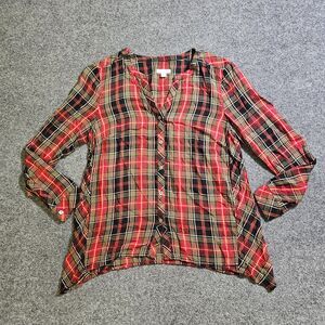 J Jill Top Shirt Womens Small Petite Red Plaid Long Sleeve V Neck Button Classic